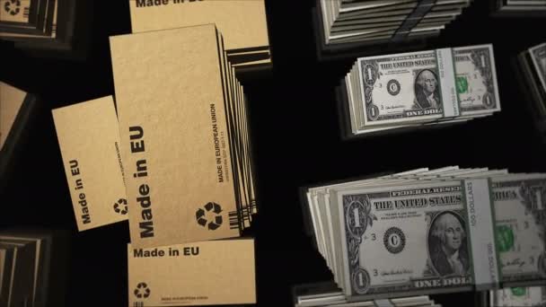 Tillverkad Box Linje Med Dollar Pengar Bunt Högar Export Handel — Stockvideo