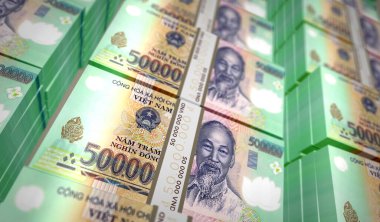 Vietnam Dong para basımı 3D illüstrasyon. VND banknot baskısı. Maliye, nakit, ekonomi krizi, iş başarısı, durgunluk, banka, vergi ve borç kavramı.