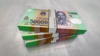 Vietnamlı Dong para paketi 3D çizimler. VND banknot desteleri. Maliye, nakit, ekonomi krizi, iş başarısı, durgunluk, banka, vergi ve Vietnam 'daki borç kavramı.