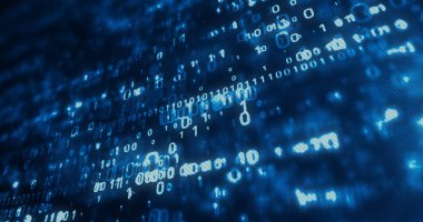 Dijital teknoloji ve bilgisayar geçmişi. Bilim, siber güvenlik, veri kodu, iletişim ve iş soyut 3D illüstrasyon.