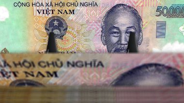Vietnamlı Dong para paketi 3D çizimler. VND banknot desteleri. Maliye, nakit, ekonomi krizi, iş başarısı, durgunluk, banka, vergi ve Vietnam 'daki borç kavramı.