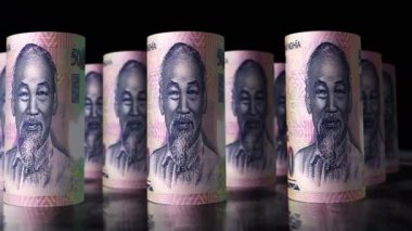 Vietnam Dong para ruloları döngü 3D animasyon. Kamera VND 'nin önünde hareket ediyor. Kusursuz döngüsüz ekonomi, finans, iş ve borç kavramı.
