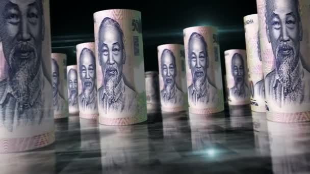 越南东滚回圈3D动画 钱在桌子上 越南经济 商业和衰退的无缝隙和易碎的抽象概念 Vnd滚动式钞票之间的相机 — 图库视频影像