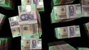 Vietnam Dong para paketi döngüsü. VND banknotları üzerinden uçuş üst görünümü destekler. Üç boyutlu, kusursuz bir animasyon. Ekonomi, kriz, iş ve finans konsepti.