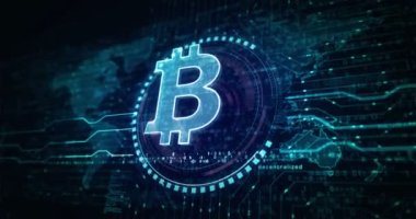 Bitcoin engelleme zinciri kripto para birimi ve dijital para sembolü soyut dijital kavram. Küresel ağ ve siber teknoloji arka planı pürüzsüz ve döngülü animasyon.