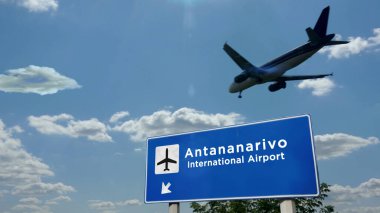 Antananarivo, Madagaskar 'a inen uçak silueti. Uluslararası havaalanı yön tabelasıyla ve mavi gökyüzüyle şehrin gelişi. Seyahat, seyahat ve ulaşım konsepti 3D illüstrasyon.