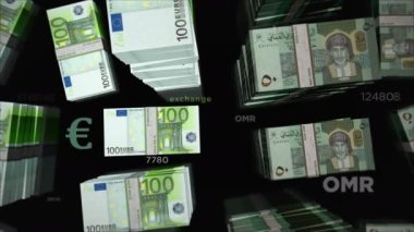 Euro ve Umman Rial para değişimi. Kağıt banknotlar tomar tomar. Ticaret, ekonomi, rekabet, kriz, bankacılık ve finans kavramı. Döngüsüz 3D canlandırma notaları.