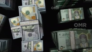 Amerikan Doları ve Umman Rial para değişimi. Banknotlar tomar tomar. Ticaret, ekonomi, rekabet, kriz, bankacılık ve finans kavramı. Döngüsüz 3D notalar.