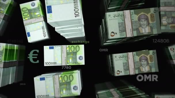 Euro Und Oman Rial Wechselkurs Banknotenbündel Aus Papier Konzept Von — Stockvideo