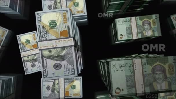 Американский Доллар Оманский Реал Банкноты Упакованы Концепция Торговли Экономики Конкуренции — стоковое видео
