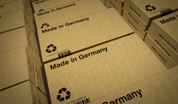 ドイツ製のボックス生産ライン 製造と配送 製品工場 輸入と輸出 アブストラクトコンセプト3Dレンダリングイラスト — ストック写真