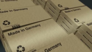 Almanya yapımı kutu üretim hattı. Üretim ve teslimat. Ürün fabrikası, ithalat ve ihracat. Soyut kavram 3d biçimlendirilebilir döngüsüz canlandırma.