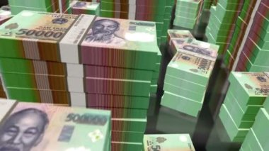 Vietnam Dong para paketleri döngüsü. VND banknotları üzerinde 3D uçuş, kuleleri desteler. Döngüsüz, soyut iş dünyası, ekonomi krizi ve finans kavramı.