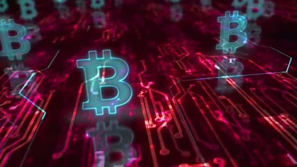 Bitcoin Blockchain Criptomoeda Símbolo Mineração Dinheiro Digital Conceito Cibernético Abstrato — Vídeo de Stock
