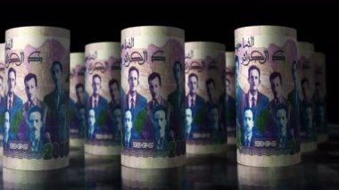 Cezayir Dinarı üç boyutlu animasyon döngüsü. Kamera DZD 'nin önünde hareket ediyor. Kusursuz döngüsüz ekonomi, finans, iş ve borç kavramı.