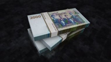 Cezayir Dinarı para yığını. Ekonomi, bankacılık, iş, kriz, durgunluk, borç ve finans konularının kavramı. 2000 DZD banknotları 3d animasyon yığınları.