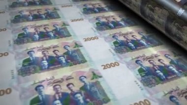 Cezayir Dinarı para basma makinesi döngüsü banknotları. Kağıt DZD banknot baskısı 3D döngü kusursuz. Soyut bankacılık, borç, finans, ekonomi ve kriz kavramı.