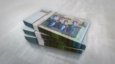 Cezayir Dinarı para yığını. Ekonomi, bankacılık, iş, kriz, durgunluk, borç ve finans konularının kavramı. 2000 DZD banknotları 3d animasyon yığınları.