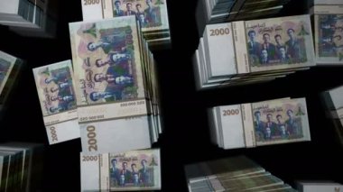 Cezayir Dinarı para paketleri döngüsü. DZD banknotları üzerinde 3D uçuş kuleleri yığar. Döngüsüz, soyut iş dünyası, ekonomi krizi ve finans kavramı.
