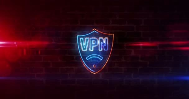 Vpnネオンサインコンセプト 仮想プライベートネットワークシンボル セキュリティ接続 レンガの壁ループ上の暗号化トンネル接続技術テキスト 3Dレンダリングループ可能でシームレスな抽象アニメーション — ストック動画