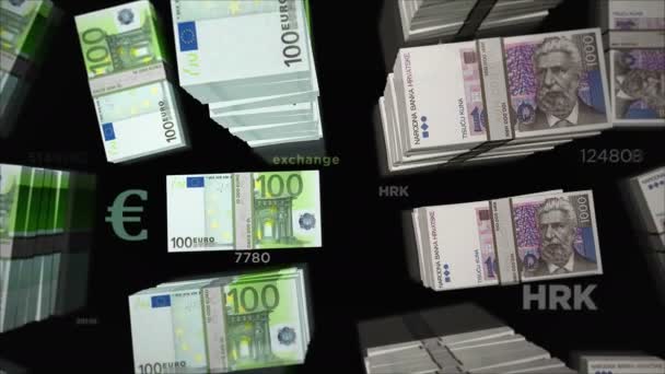 Euro Croacia Kuna Cambio Moneda Paquete Billetes Papel Concepto Comercio — Vídeo de stock