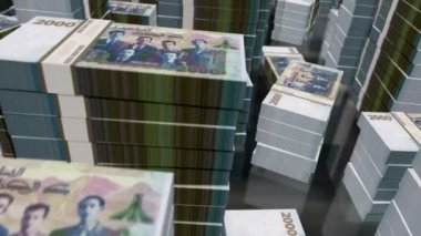 Cezayir Dinarı para paketleri döngüsü. DZD banknotları üzerinde 3D uçuş kuleleri yığar. Döngüsüz, soyut iş dünyası, ekonomi krizi ve finans kavramı.