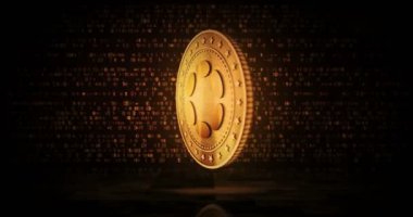 Polkadot kripto altın sikkesi çevrilebilir dijital arka planda. Üç boyutlu kusursuz döngü konsepti. Dönen altın metal döngüsü soyut animasyon.