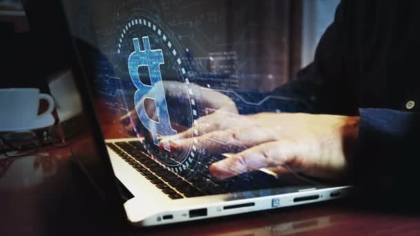 Bitcoin Blockchain Cripto Moneda Símbolo Dinero Digital Hombre Tecleando Teclado — Vídeo de stock