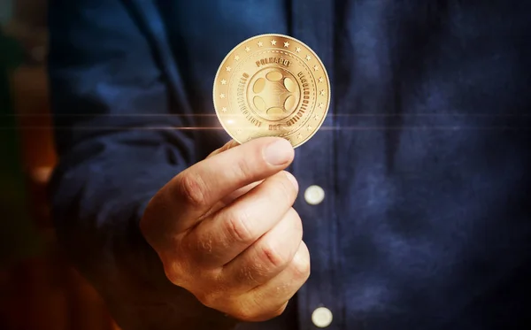 Polkadot Kryptowährungssymbol Goldmünze Der Hand Abstraktes Konzept — Stockfoto