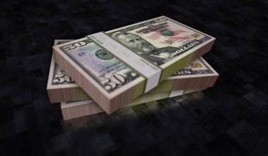$50 'lık para paketi 3D çizim. 50 dolarlık banknot desteleri. ABD 'de finans, nakit, ekonomi krizi, iş başarısı, durgunluk, banka, vergi ve borç kavramı.