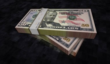 $50 'lık para paketi 3D çizim. 50 dolarlık banknot desteleri. ABD 'de finans, nakit, ekonomi krizi, iş başarısı, durgunluk, banka, vergi ve borç kavramı.