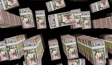 $50 'lık para paketi 3D çizim. 50 dolarlık banknot desteleri. ABD 'de finans, nakit, ekonomi krizi, iş başarısı, durgunluk, banka, vergi ve borç kavramı.