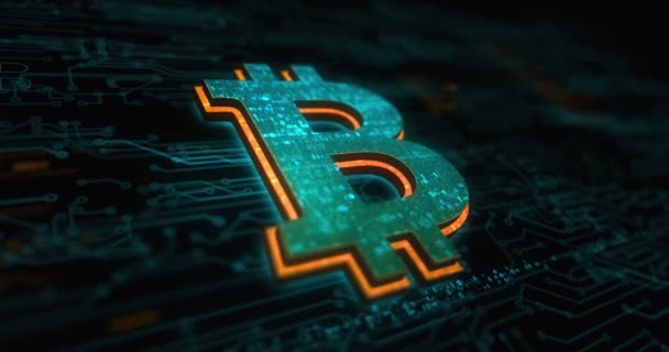 Bitcoinブロックチェーン暗号通貨とデジタルマネーカラーシンボルコンセプト ネットワーク サイバー技術 コンピュータの背景抽象的な3Dアニメーション — ストック動画
