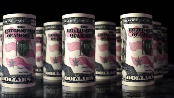 ドルのお金はループ3Dアニメーションを転がします カメラは50ドル紙幣の上を移動してる 米国の経済 ビジネスの成功 負債のシームレスなループ可能な概念 — ストック動画