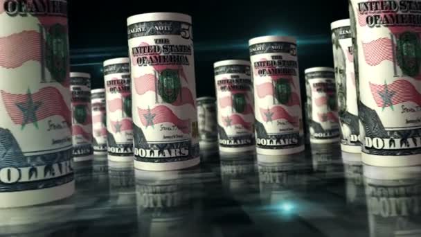 美元滚动循环3D动画 钱在桌子上 美元滚动式钞票之间的相机 美国经济 商业成功 衰退和债务的无缝隙而易碎的抽象概念 — 图库视频影像