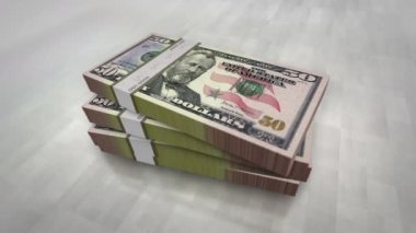 50 dolarlık para yığını. Ekonomi, bankacılık, iş, kriz, durgunluk, borç ve finans konularının kavramı. 50 dolarlık banknotlar animasyon yığınları.