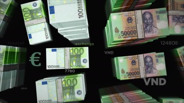 Euro és Vietnam Dong pénzváltás. Papírbankjegyek csomagja. A kereskedelem, a gazdaság, a verseny, a válság, a bankok és a pénzügyek fogalma. Megjegyzések hurkolható zökkenőmentes 3D animáció.