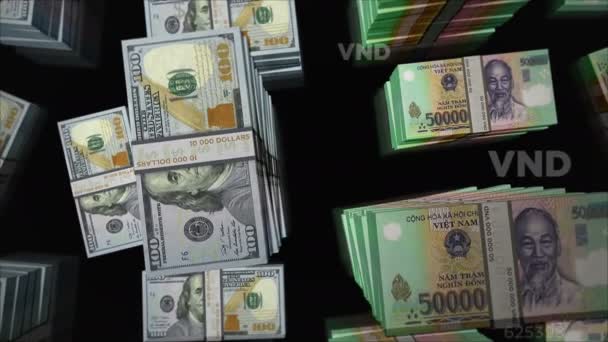 Americký Dolar Vietnam Dong Směnárna Balíček Bankovek Pojetí Obchodu Hospodářství — Stock video
