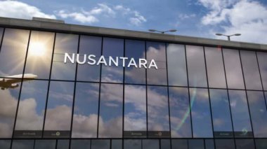 Endonezya, Nusantara 'ya inen uçak animasyon yapıyor. Cam havaalanı terminali ve jet uçağının yansımasıyla şehre vardık. Seyahat, iş, turizm ve ulaşım kavramı.