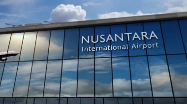 Endonezya, Nusantara 'ya inen uçak animasyon yapıyor. Cam havaalanı terminali ve jet uçağının yansımasıyla şehre vardık. Seyahat, iş, turizm ve ulaşım kavramı.