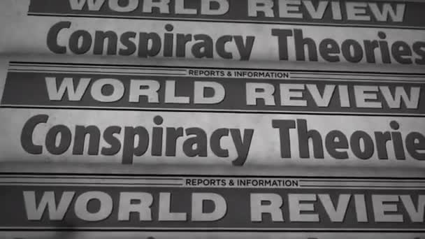 陰謀論 偽情報と秘密の理論 ヴィンテージ新聞印刷抽象的なコンセプト レトロ3D黒と白のアニメーション — ストック動画