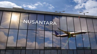 Endonezya, Nusantara 'ya inen uçaklar üç boyutlu resimleme yapıyor. Cam havaalanı terminali ve jet uçağının yansıması ile şehre varış. Seyahat, iş, turizm ve ulaşım.