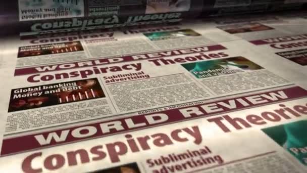 Teorias Conspiração Desinformação Teoria Secreta Jornal Diário Relatório Rolo Impressão — Vídeo de Stock