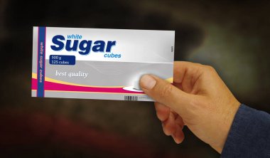 Küp şeker kutusu elinde. Sağlıksız diyet soyut konsept 3 boyutlu çizim.