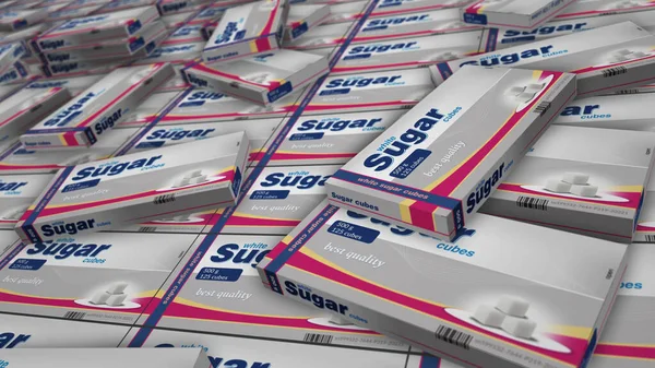 Сахарные Кубики Упаковки Коробки Производства Нездоровая Диета Абстрактная Концепция Рендеринг — стоковое фото