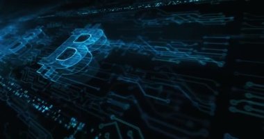 Elektronik devre arka planında Bitcoin engelleme zinciri kripto para birimi ve dijital para hologram sembolü görülüyor. Ağ, siber teknoloji ve bilgisayar soyut kavramı 3D kusursuz ve döngü animasyonu.