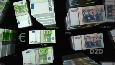 Euro ve Cezayir Dinarı para değişimi. Kağıt banknotlar tomar tomar. Ticaret, ekonomi, rekabet, kriz, bankacılık ve finans kavramı. Döngüsüz 3D canlandırma notaları.