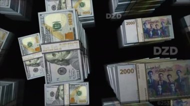 Amerikan Doları ve Cezayir Dinarı para değişimi. Banknotlar tomar tomar. Ticaret, ekonomi, rekabet, kriz, bankacılık ve finans kavramı. Döngüsüz 3D notalar.