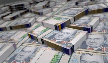 Peru Soles para paketi 3D çizim. PEN banknot desteleri. Peru 'da finans, nakit, ekonomi krizi, iş başarısı, durgunluk, banka, vergi ve borç kavramı.