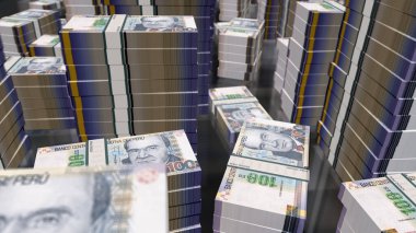 Peru Soles para paketi 3D çizim. PEN banknot desteleri. Peru 'da finans, nakit, ekonomi krizi, iş başarısı, durgunluk, banka, vergi ve borç kavramı.